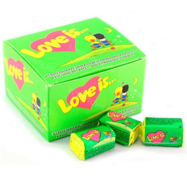 Жвачка Love is — яблоко-лимон, блок 20 шт оптом Жвачка Love is — яблоко-лимон, блок 20 шт оптом