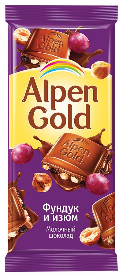 Alpen Gold шоколад молочный с фундуком и изюмом, 90 г оптом Alpen Gold шоколад молочный с фундуком и изюмом, 90 г оптом