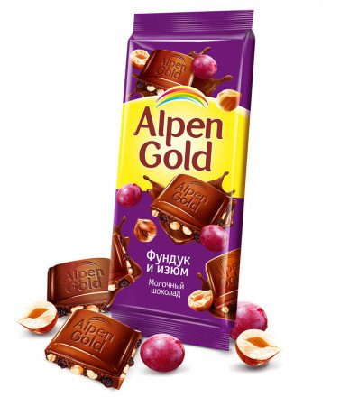 Alpen Gold шоколад молочный с фундуком и изюмом, 90 г оптом 